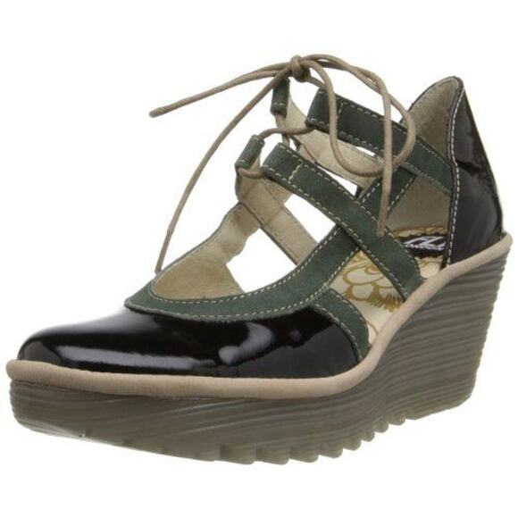 Fly London Yett Wedges Pump Heel Full Grain Leather Lace Up Black Green 8.5